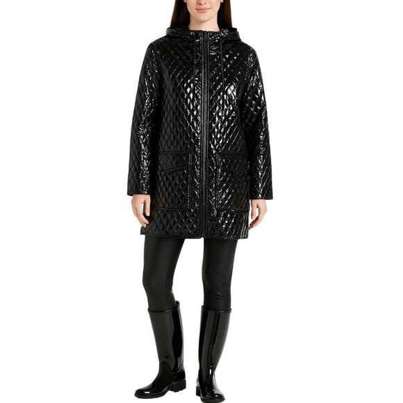 NWT Quilted Patent Leather Rain Coat Jacket With Pockets - Picture 1 of 14